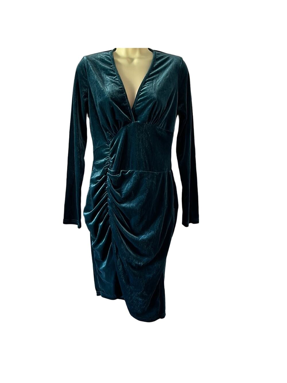 Teal Stretch Velvet Dress Woman Size Large Bodycon Long Sleeves Asymmetrical